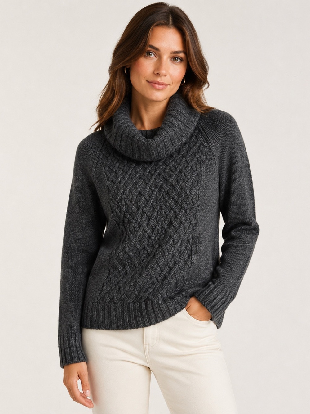 Mariele Waithe 100% Cashmere Chunky Cable knit Cowl gray sweater Sz Women’s L